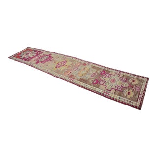 Vintage Anatolian Wool Runner, Hand-Woven Kilim With Rich Magenta and Traditional Tribal Motifs For Sale