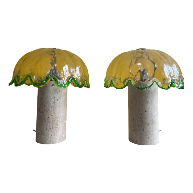 Glass and Travertine Table Lamps from La Murrina, 1980s, Set of 2 For Sale