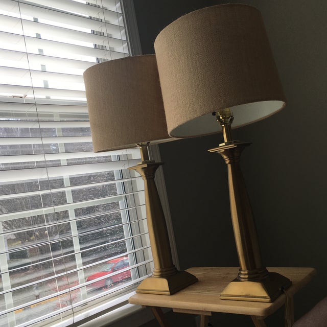 Classic Muted Gold/Brass Lamps With Textured Neutral Shades a Pair Chairish