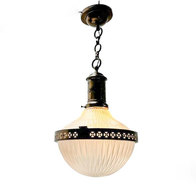Stunning and elegant Arts & Crafts pendant light. Design by Holophane. Striking English design from the 1900s. Original...