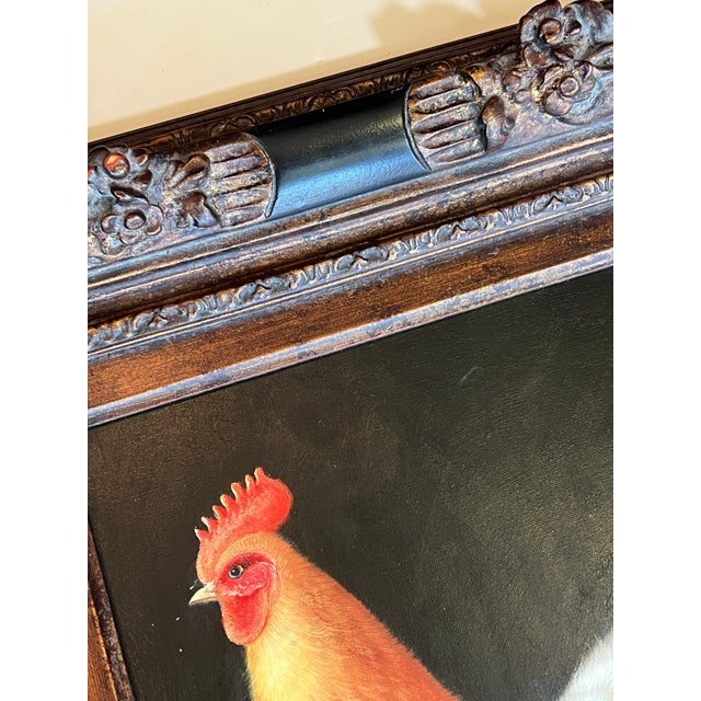 1950s Mid Century Rooster Oil Painting With Spanish Baroque Style Frame For Sale - Image 9 of 18