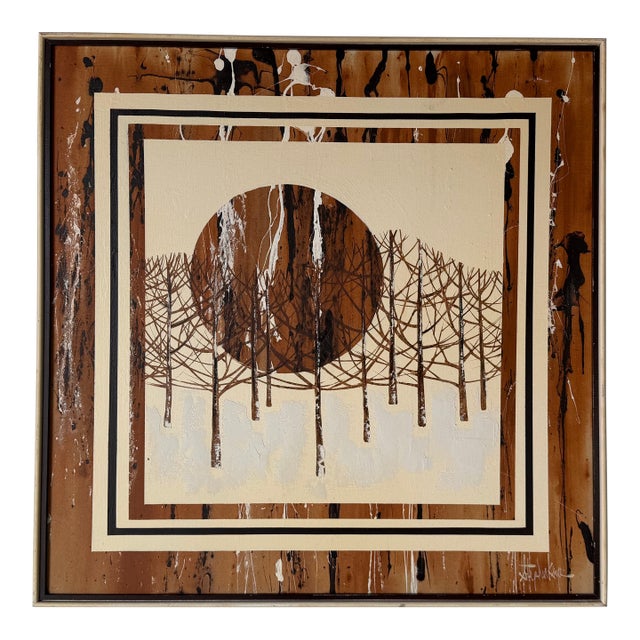 Mid Century Abstract Landscape Forest Scene With Bare Trees Acrylic on Canvas Painting - Framed For Sale