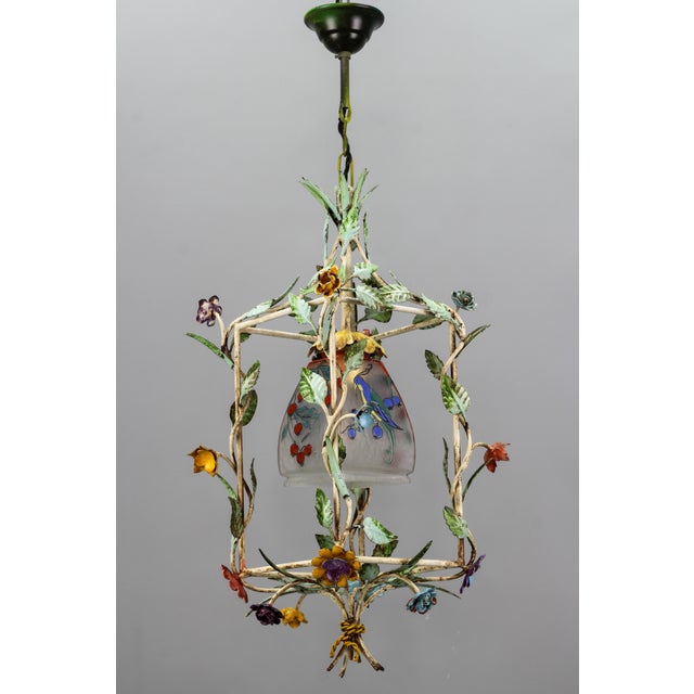 Metal French Tole and Glass Polychrome Pastel Flower Cage Pendant Light, 1950s For Sale - Image 7 of 18