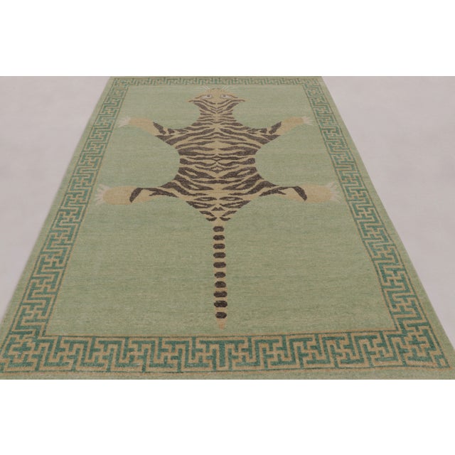 Rug & Kilim Rug & Kilim’s Distressed Tiger Rug in Green With Beige and Brown Pictorial For Sale - Image 4 of 10