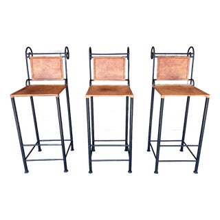 Ralph Lauren Style Spanish Wrought Iron and Leather Bar Stools - Set of Three For Sale