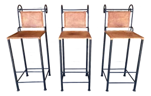 Ralph Lauren Style Spanish Wrought Iron and Leather Bar Stools - Set of Three