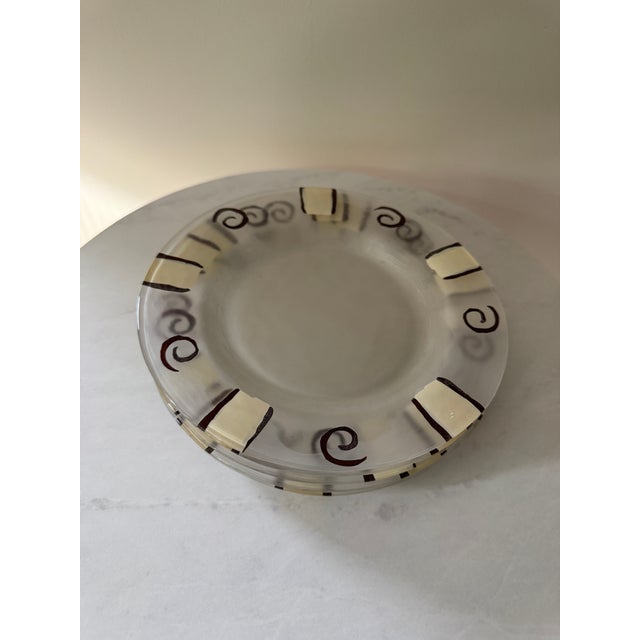 Set of 5 Vintage Frosted Glass Appetizer/Salad Plates | Brown Swirl & Cream Block Border | 1990s Postmodern Dinnerware | Retro Side Plates For Sale In New York - Image 6 of 6