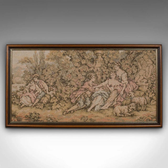 This is a small antique tapestry. A Continental, needlepoint decorative wall panel with mahogany frame, dating to the...