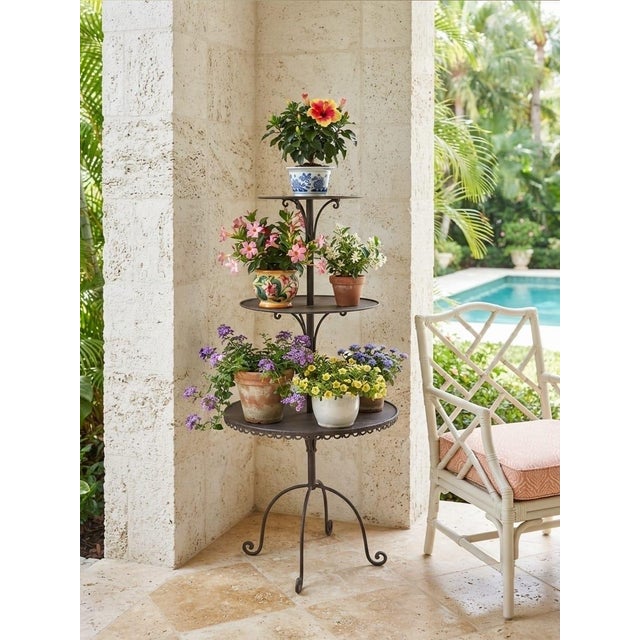 Vintage 3-Tier Dark Bronze Metal Plant Stand & Tiered Display Tower For Sale - Image 11 of 12