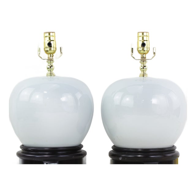 Vintage Blanc De Chine Porcelain Table Lamps Monochrome Round Vases on Wood Bases - a Pair For Sale