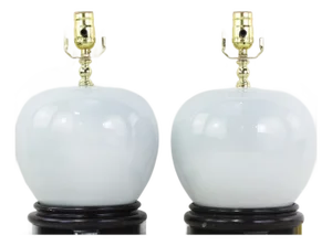 Vintage Blanc De Chine Porcelain Table Lamps Monochrome Round Vases on Wood Bases - a Pair