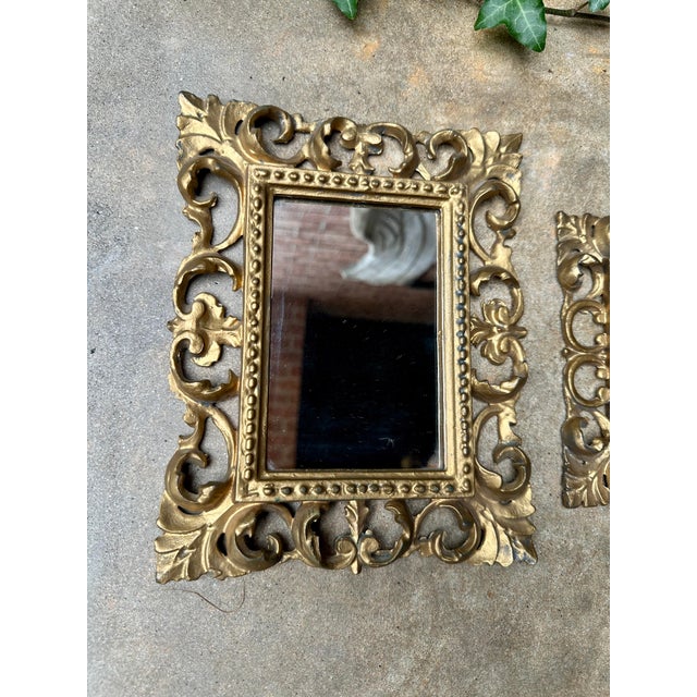 Plastic Pair of Vintage Italian Gold Rococo Wall Mirrors – Ornate Molded Frames- Made in Italy For Sale - Image 7 of 9