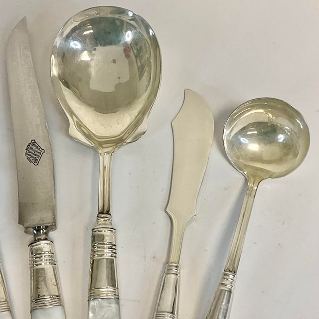Metal 1920s Antique English Hollywood Regency Mother of Pearl Sterling Silver Serving Utensils - Set of 6 For Sale - Image 7 of 10