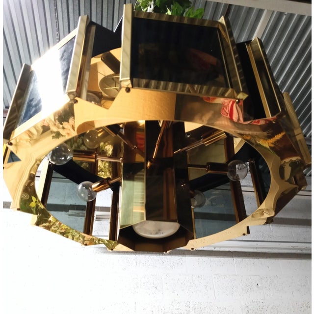 Vintage Mid Century Modern Gold Brass Black Glass Octagon Chandelier Pendant Fixture For Sale - Image 10 of 11