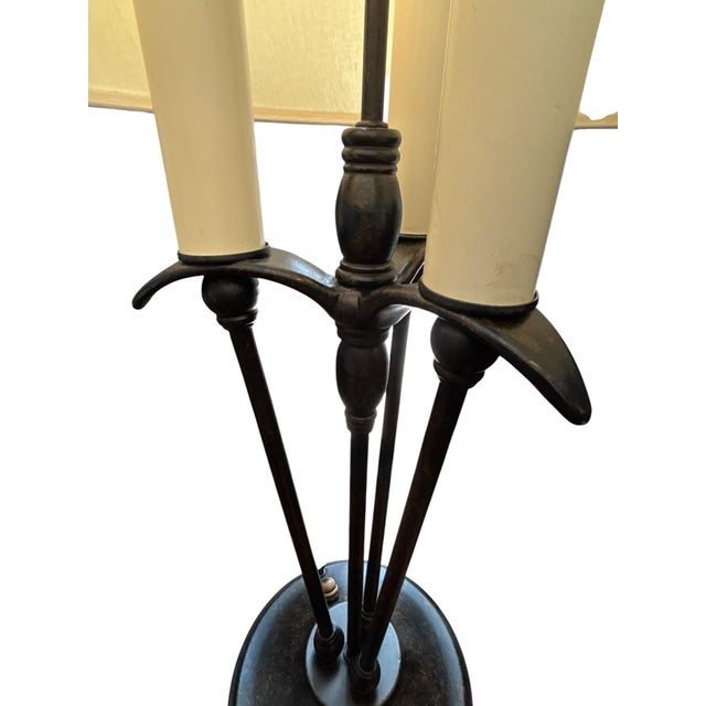 Farmhouse Late 20th Century Three-Light Wrought Iron Bronze Candlestick Table Lamp For Sale - Image 3 of 7