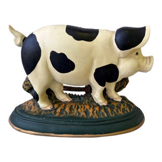 Vintage Cast Iron Happy Pig Doorstop For Sale