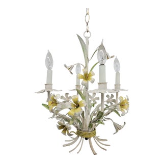 Vintage 1960s Flower Tole 4 Light Chandelier, Made in Italy For Sale