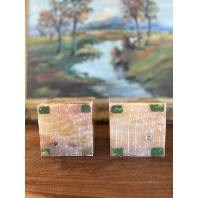 Peach Pair of Mid-Century Italian Peach Onyx Cube Bookends, Estimated 1960s-70s. For Sale - Image 8 of 9