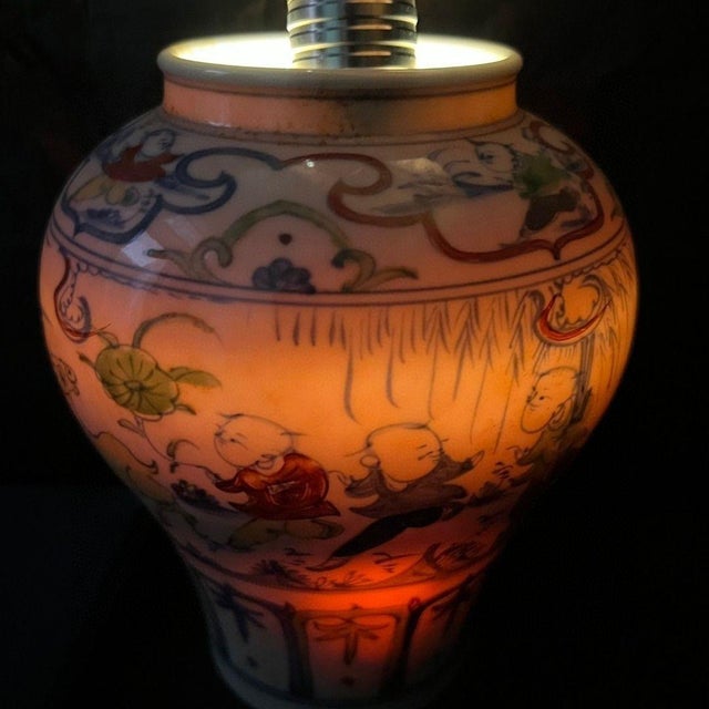 Pair of Chinese Wucai Lidded Ginger Jars, Figural Children and Deer Scene, Chinoiserie Ceramic Jar Set For Sale - Image 9 of 9