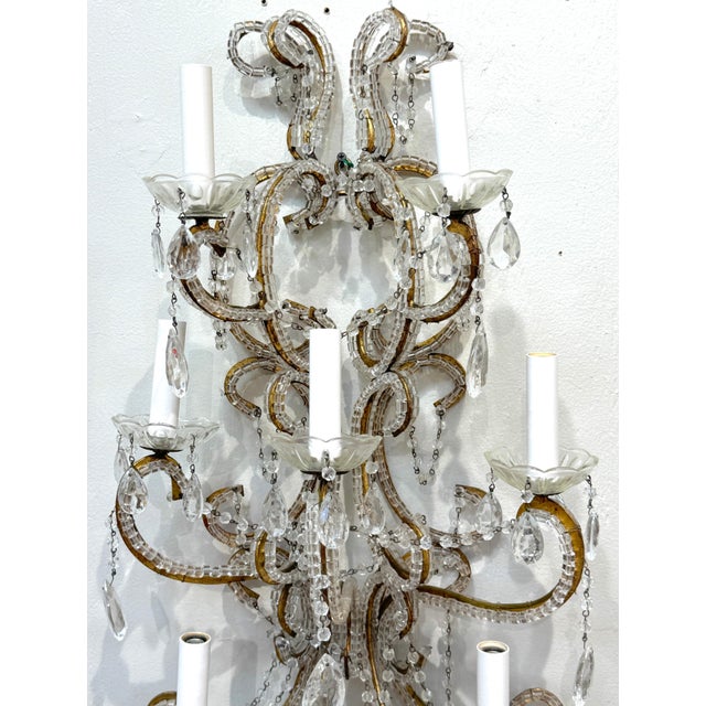 Large Pair of Maria Theresa Style Crystal 7-Light Wall Sconces, Italy Circa 1950 For Sale - Image 12 of 18