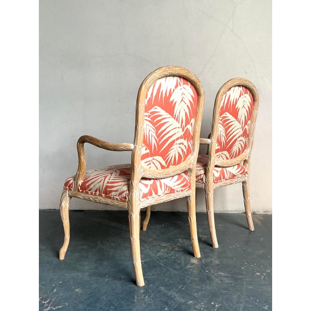 Vintage Regency Faux Bois Fauteuils in Quadrille “Martinique Reverse” - A Pair For Sale In West Palm - Image 6 of 7