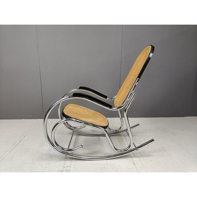 1960s Vintage Chrome and Rattan Rocking Chair, 1960s For Sale - Image 5 of 11