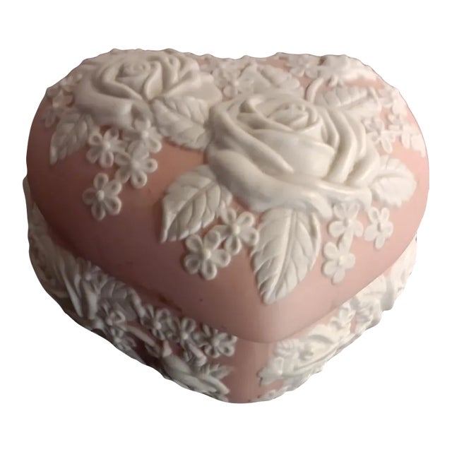 1980s San Francisco Music Comp Ornate Pink Jasperware Heart Trinket Box For Sale