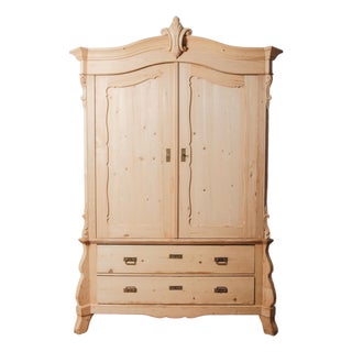 19th Century Carved Pine Armoire With Drawers and Rococo Revival Crest For Sale