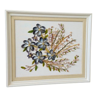 Vintage Coastal Mixed Media Seashell Floral Wall Art in Painted Frame For Sale