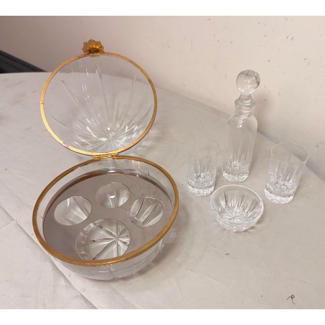 Vintage Handmade French Gilt Brass Cut Crystal Caviar Egg Caddy Jar Bar Set For Sale - Image 10 of 13