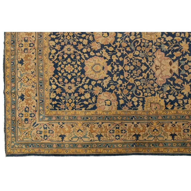 Antique Persian Tabriz Square Wool Rug in Blue With Allover Floral Design For Sale - Image 9 of 10