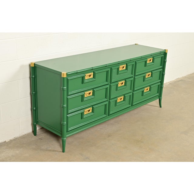 Stanley Furniture Mid-Century Hollywood Regency Campaign Green Lacquered Faux Bamboo Triple Dresser or Credenza by Stanley, Newly Refinished For Sale - Image 4 of 16