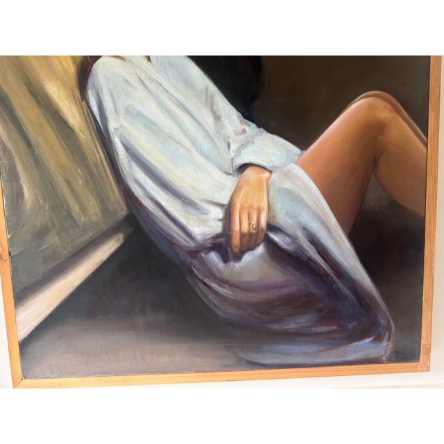 A moody portrait of a girl sitting by contemporary artist Rebekah Elaine Spencer. Oil on canvas; initialed in lower right...