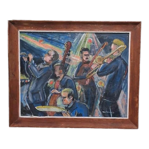 Bill Olendorf Abstract Expressionist Oil Painting on Board "Jazz Club" 1973