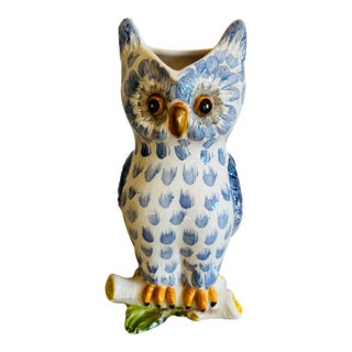 Vintage Mid Century Blue & White Hand Painted Ceramic Owl Pitcher For Sale