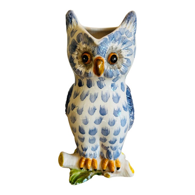 Vintage Mid Century Blue & White Hand Painted Ceramic Owl Pitcher For Sale
