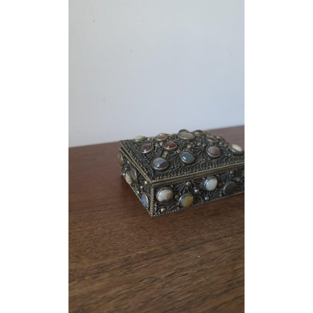 Antique Folk Art Silverplate Jewelry Box With Agate Cabochons, Vintage Trinket Box, Ornate Filigree Keepsake, Boho Global Decor For Sale - Image 9 of 10
