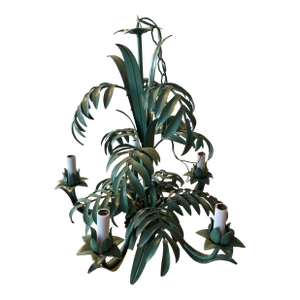 Vintage Tropical Green Metal Tole Palm Tree Beach Leaf Chandelier 5 Light Coastal