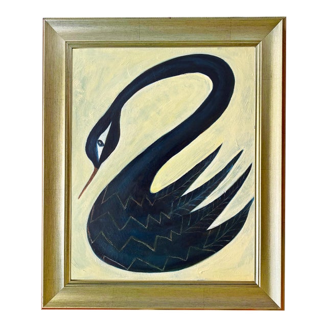 Original Black Swan Painting No. 2 in Brushed Gold Frame, Oil on Canvas, 21" H X 17" W by Tatiana Duperault For Sale
