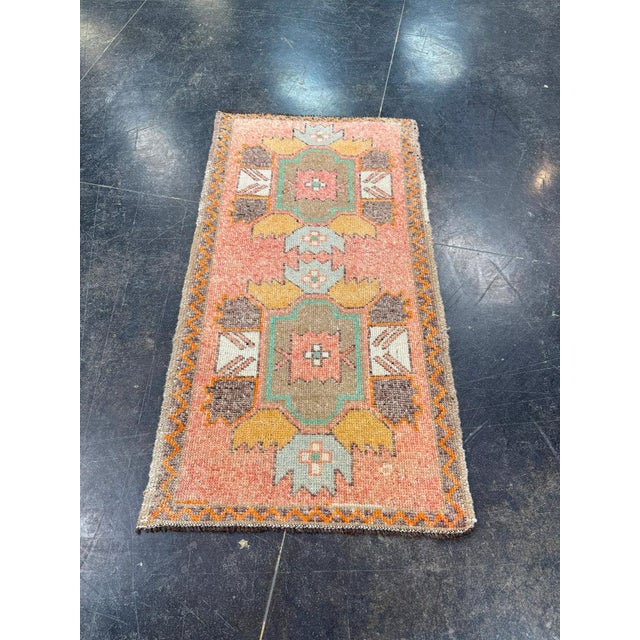 Peach Turkish Mini Rug Oriental Hand Knotted Vintage Rug 1'10" x 3'7" #17073 For Sale - Image 8 of 8