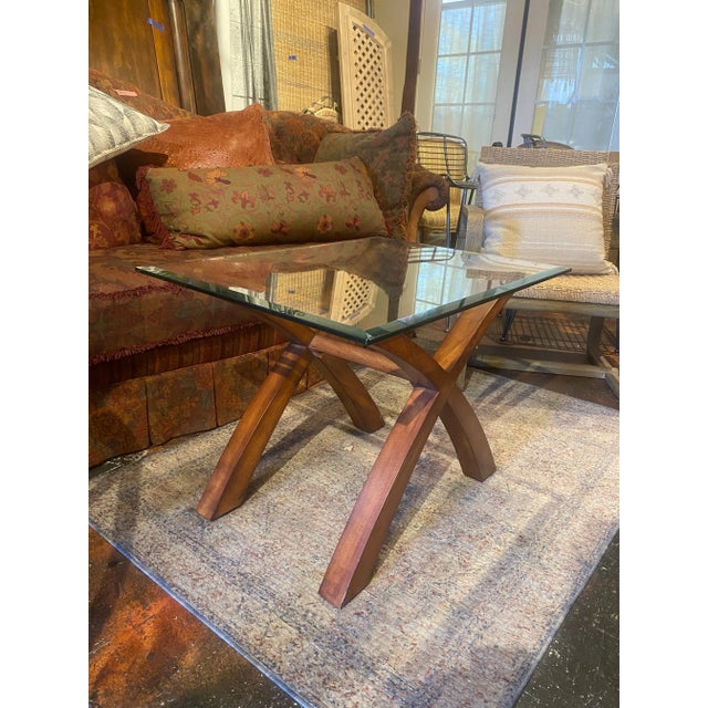 1990s Vintage Wooden Cross Leg Coffee Table With Glass Top Chairish