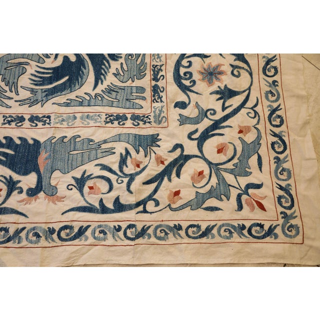 Vintage Blue Floral and Birds Suzani Uzbek Embroidered Textile For Sale - Image 12 of 12