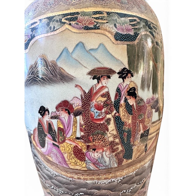 Chinoiserie Vintage 36" Chinese "Royal Satsuma" Style Palace Floor Vase With Stand For Sale - Image 3 of 10