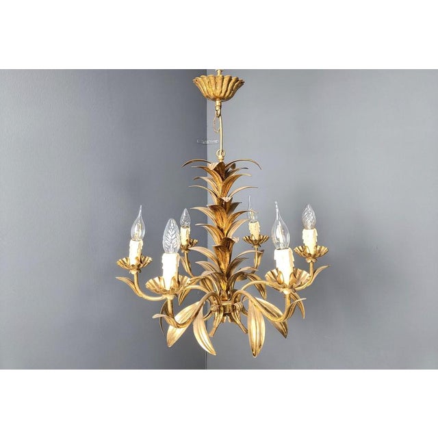 Hollywood Regency Vintage Gilt Metal Pineapple Leaf Chandelier, 1960s For Sale - Image 3 of 9