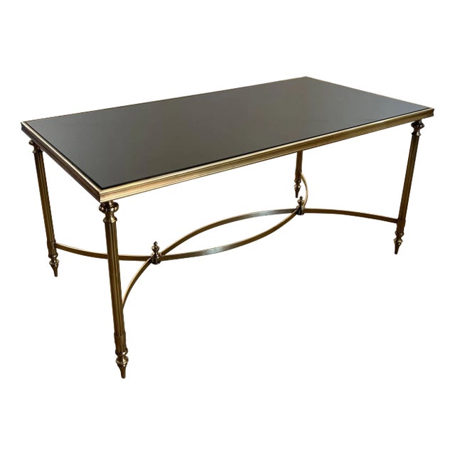 Rectangular Brass Coffee Table With Black Lacquered Glass Top by Maison Jansen For Sale