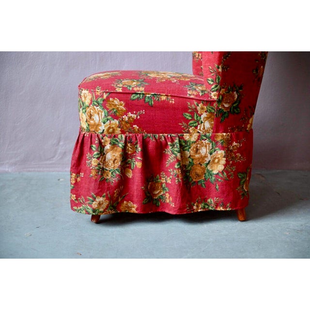 Cocktail Armchair with Red Floral Fabric and Compass Legs For Sale - Image 9 of 14