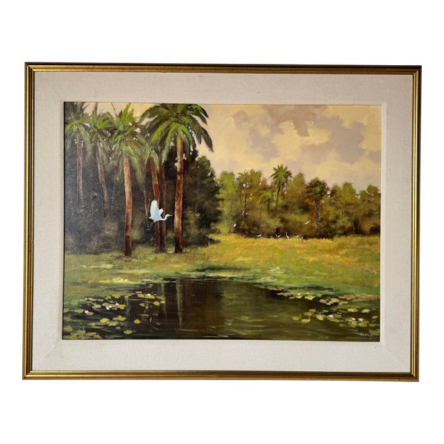 Vintage Tropical Landscape Oil on Canvas Painting by Nandor Horthy, Framed/ Sold For Sale
