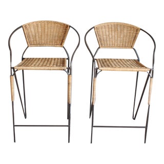 Mid Century Hairpin Style Brown Wrought Iron Wicker Rattan Bar Stools - a Pair For Sale