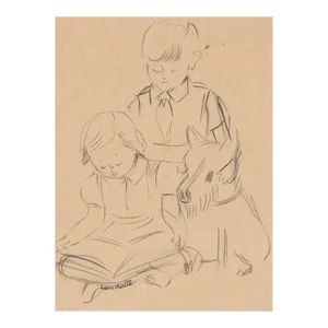 1940s Helen Malta Boy Girl and Dog Drawing