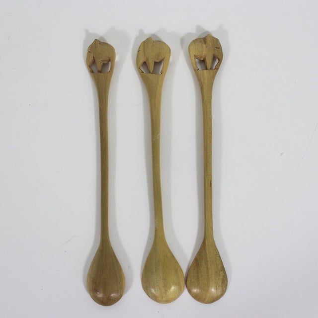 Wood Vintage Carved Elephant Animal Wood Condiment or Sugar Spoons- Set of 3 For Sale - Image 7 of 7